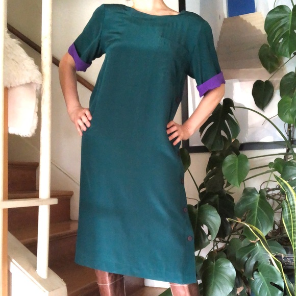 Vintage 80s Liz Claiborne 100% Silk Button Side Colorblock Shift Dress 8… - Picture 15 of 16